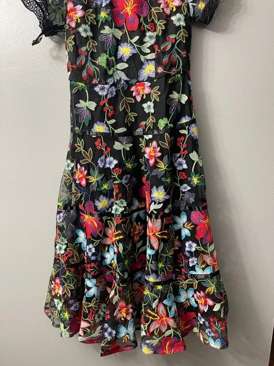 Anthropologie Janine Embroidered Dress features a high neck, sheer cap sleeves 6 - Picture 7 of 9